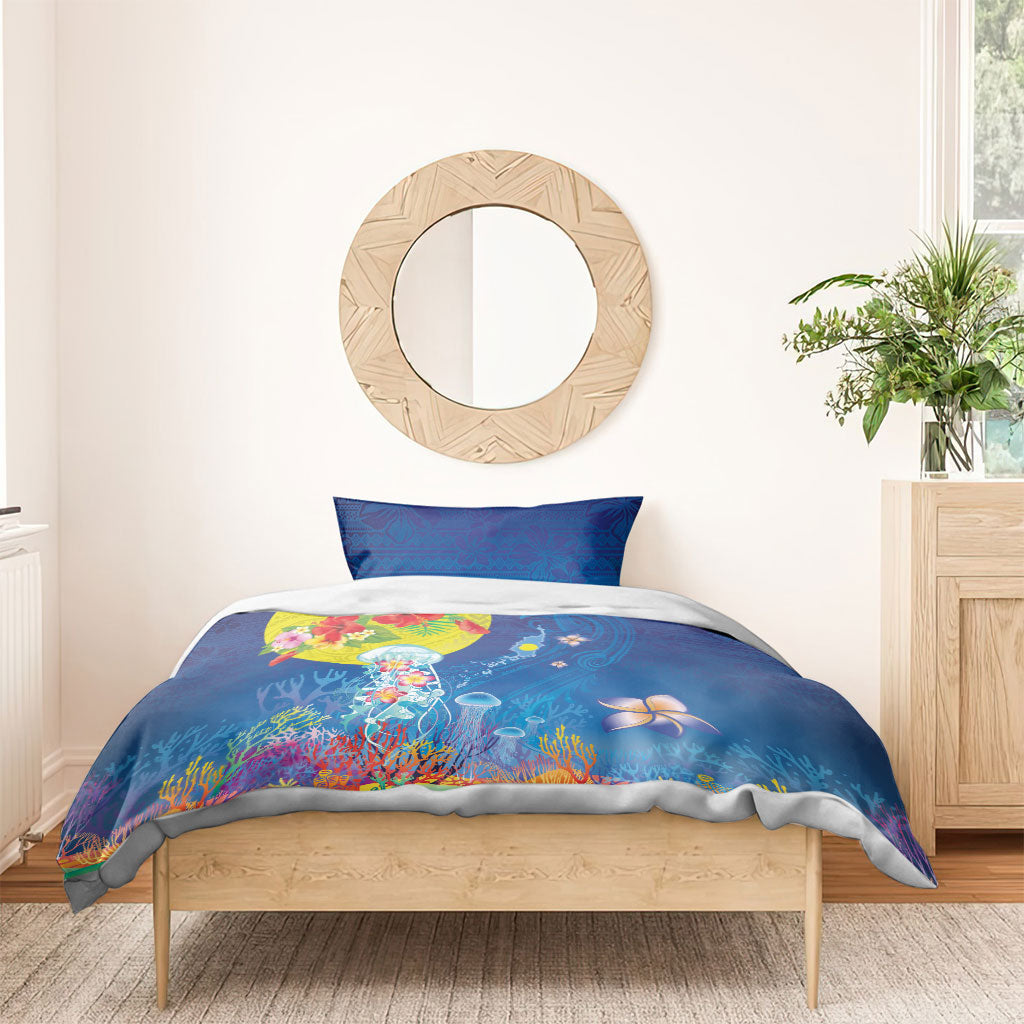 Palau Bedding Set Jellyfish with Coral Reefs Ocean Vibe and Tapa Pattern LT03 - Polynesian Pride