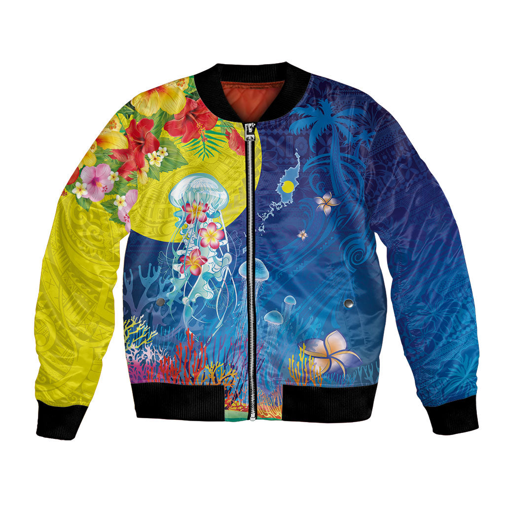 Palau Bomber Jacket Jellyfish with Coral Reefs Ocean Vibe and Tapa Pattern LT03 Unisex Blue - Polynesian Pride