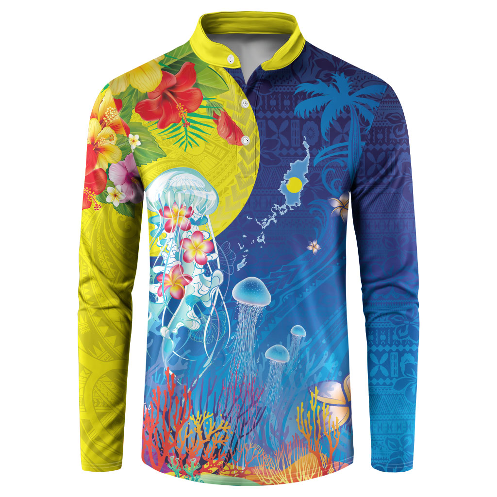 Palau Button Sweatshirt Jellyfish with Coral Reefs Ocean Vibe and Tapa Pattern LT03 Blue - Polynesian Pride