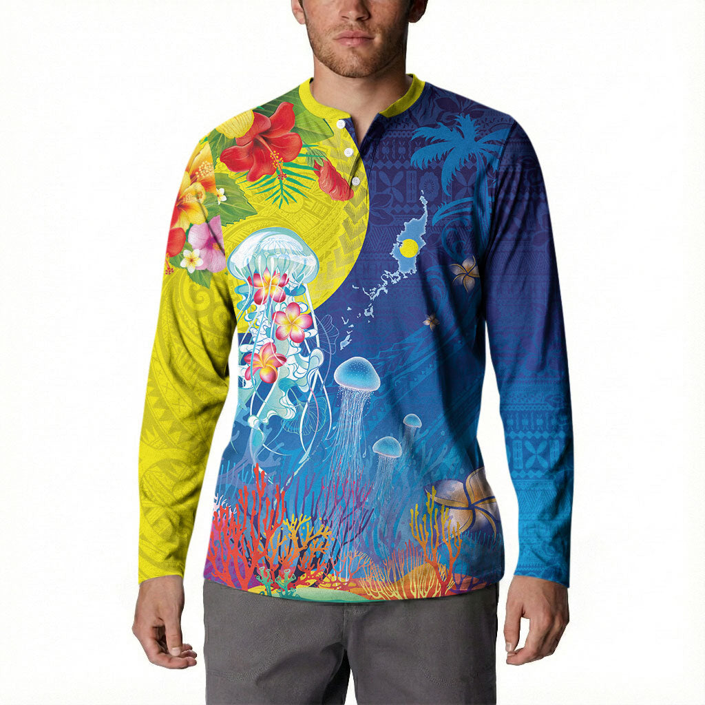 Palau Button Sweatshirt Jellyfish with Coral Reefs Ocean Vibe and Tapa Pattern LT03 - Polynesian Pride