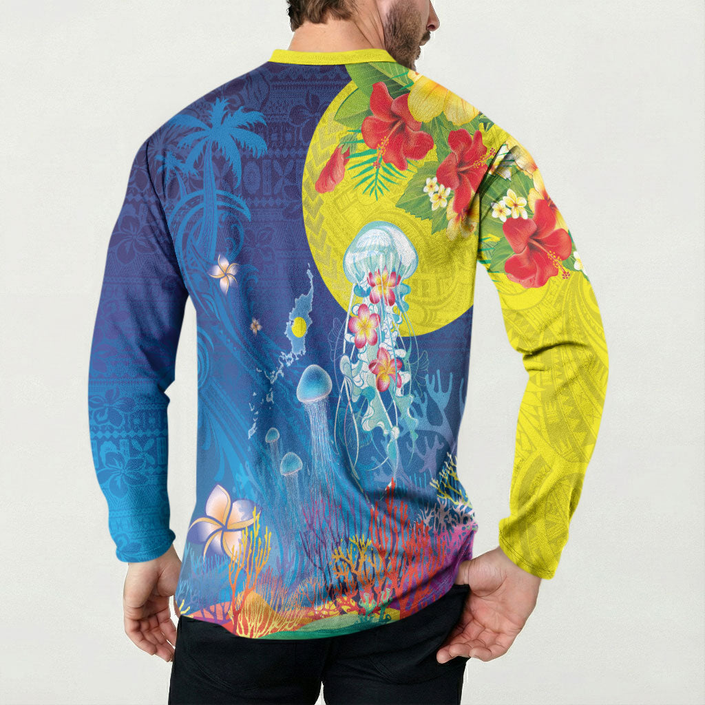 Palau Button Sweatshirt Jellyfish with Coral Reefs Ocean Vibe and Tapa Pattern LT03 - Polynesian Pride