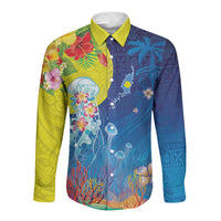 Palau Long Sleeve Button Shirt Jellyfish with Coral Reefs Ocean Vibe and Tapa Pattern LT03 Unisex Blue - Polynesian Pride