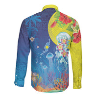 Palau Long Sleeve Button Shirt Jellyfish with Coral Reefs Ocean Vibe and Tapa Pattern LT03 - Polynesian Pride