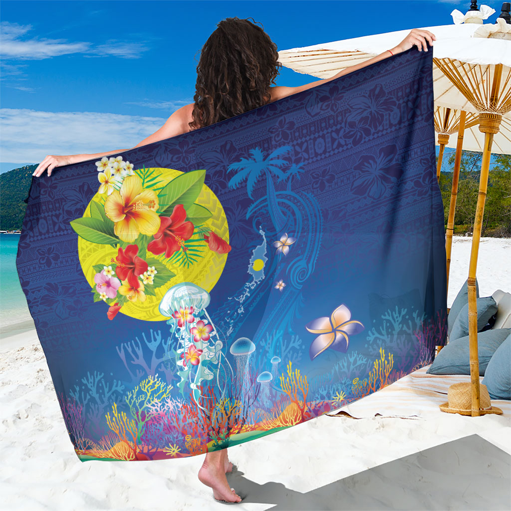 Palau Sarong Jellyfish with Coral Reefs Ocean Vibe and Tapa Pattern LT03 One Size 44 x 66 inches Blue - Polynesian Pride