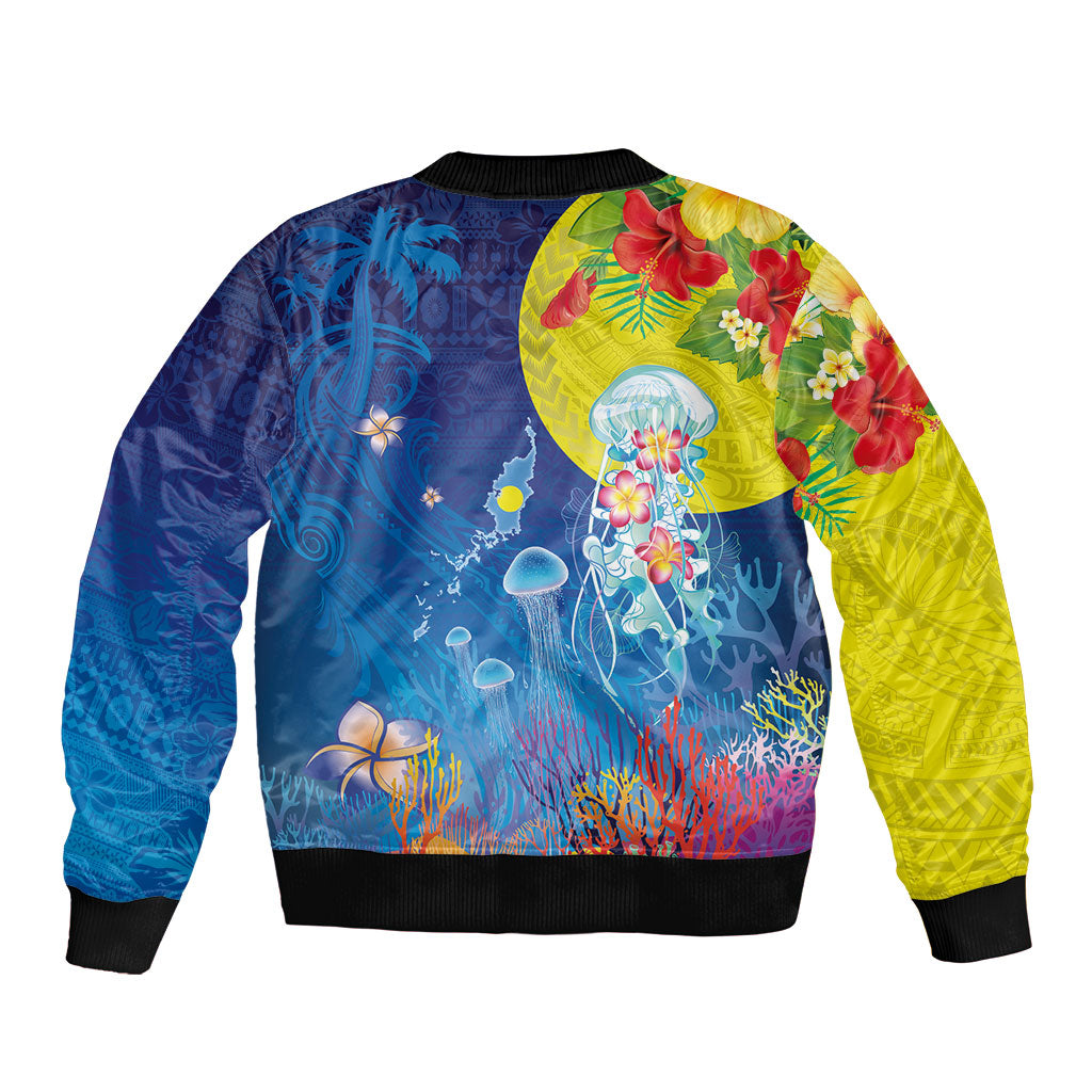 Palau Sleeve Zip Bomber Jacket Jellyfish with Coral Reefs Ocean Vibe and Tapa Pattern LT03 - Polynesian Pride