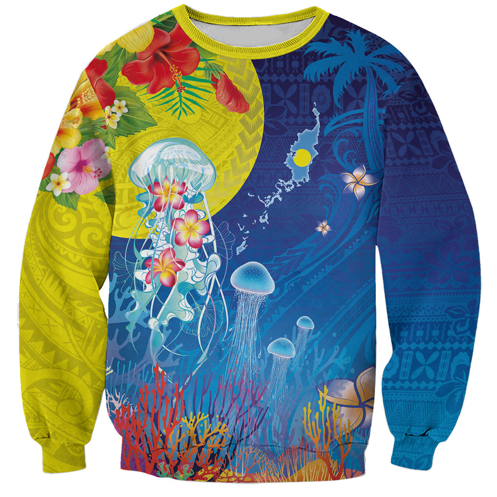 Palau Sweatshirt Jellyfish with Coral Reefs Ocean Vibe and Tapa Pattern LT03 Unisex Blue - Polynesian Pride