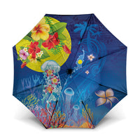 Palau Umbrella Jellyfish with Coral Reefs Ocean Vibe and Tapa Pattern LT03 One Size Folded 11.42 inch Opened Diameter 37.4 inch Blue - Polynesian Pride