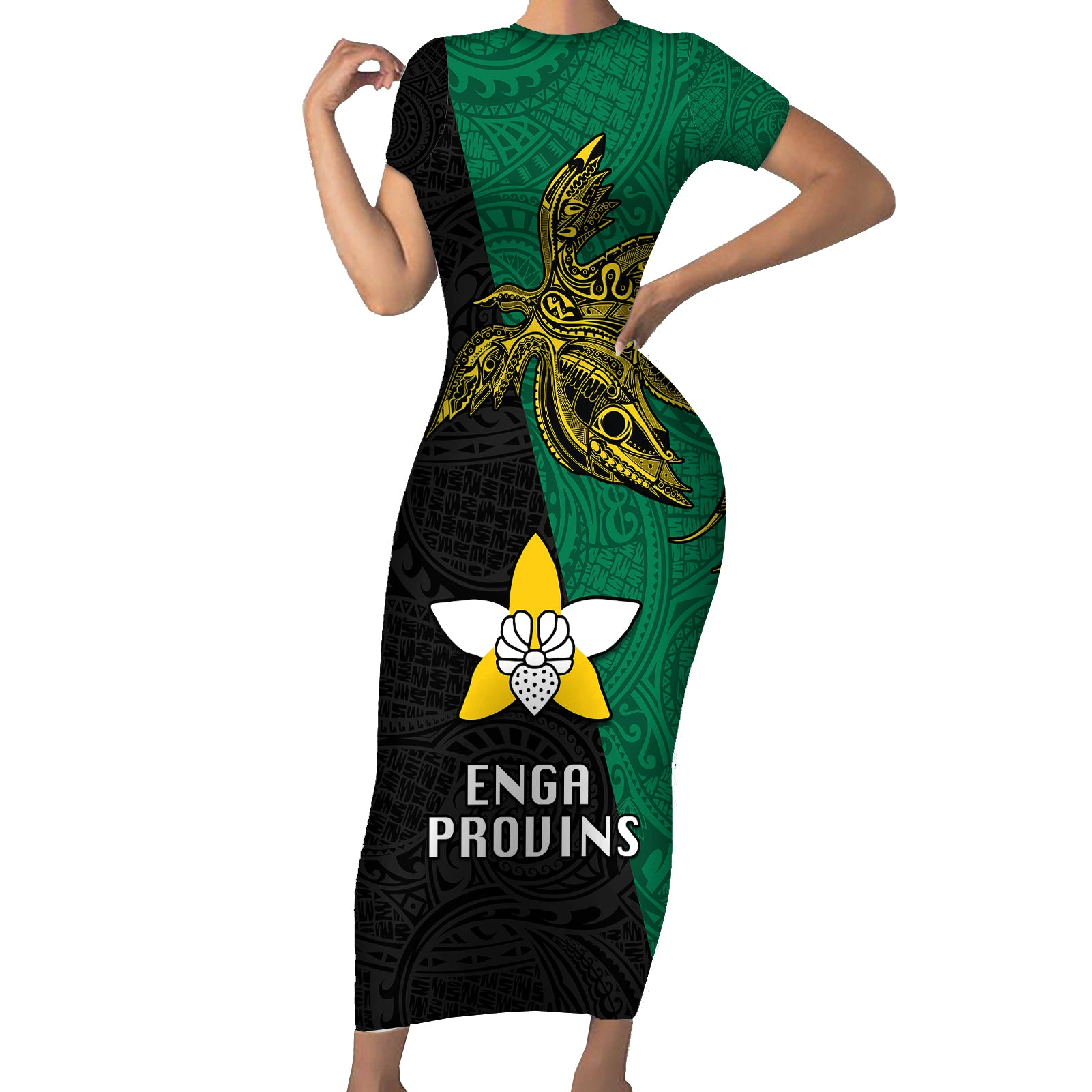 Papua New Guinea Enga Province Short Sleeve Bodycon Dress PNG Birds Of Paradise Polynesian Arty Style LT03 Long Dress Green - Polynesian Pride