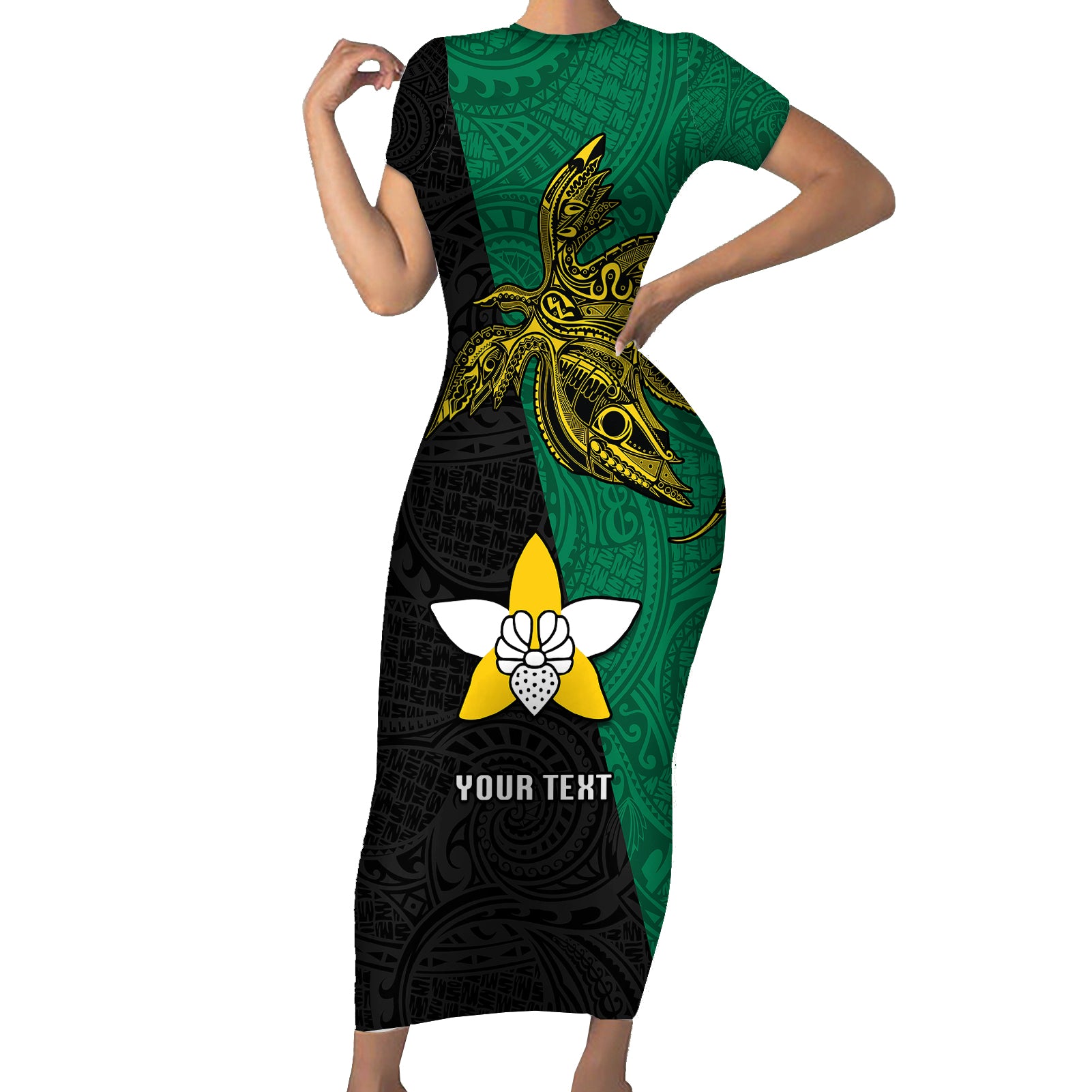 Custom Papua New Guinea Enga Province Short Sleeve Bodycon Dress PNG Birds Of Paradise Polynesian Arty Style LT03 Long Dress Green - Polynesian Pride