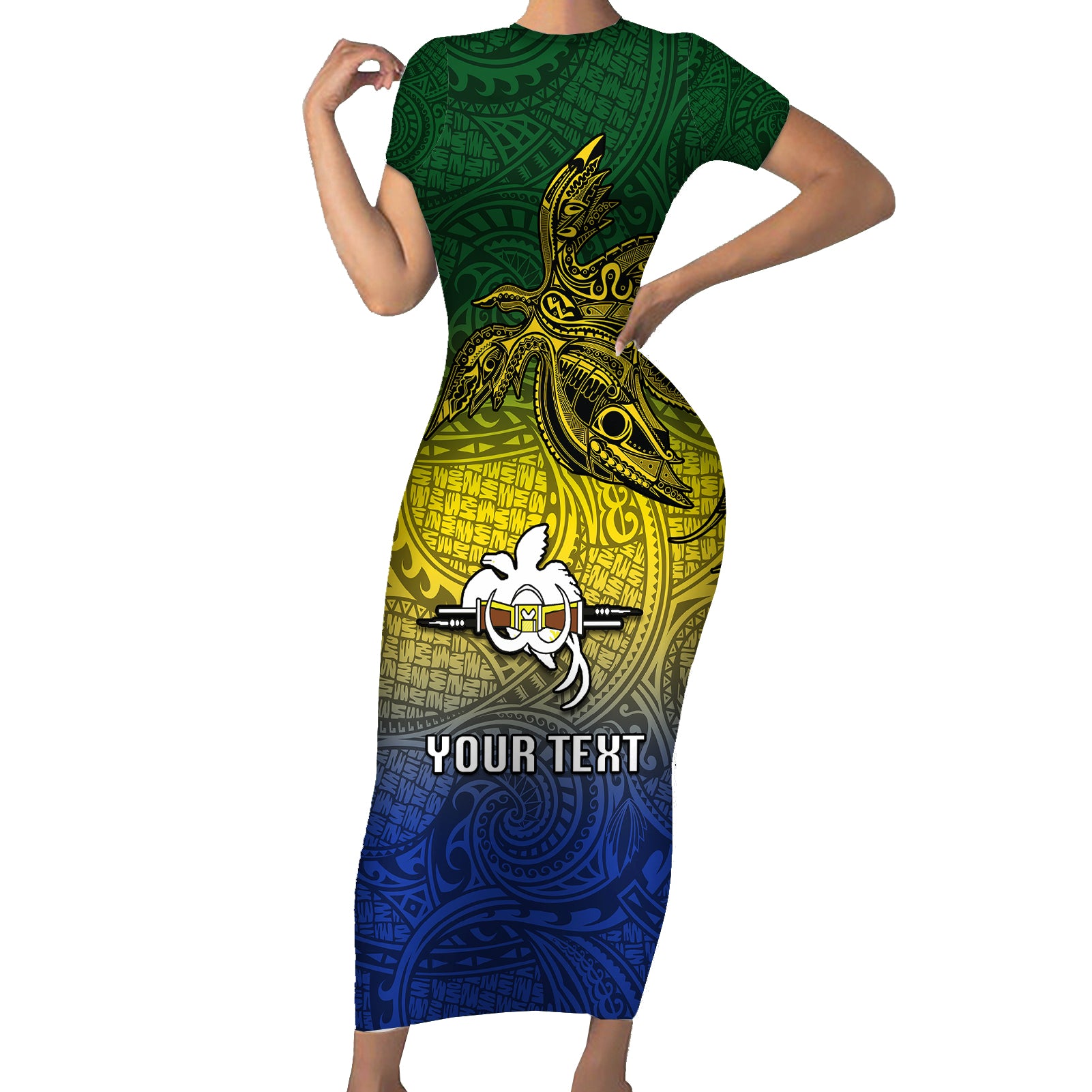 Custom Papua New Guinea Morobe Province Short Sleeve Bodycon Dress PNG Birds Of Paradise Polynesian Arty Style LT03 Long Dress Yellow - Polynesian Pride