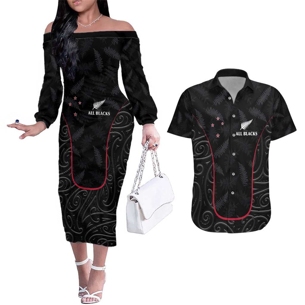 Custom New Zealand Rugby Couples Matching Off The Shoulder Long Sleeve Dress and Hawaiian Shirt Maori All Black Championship 2024 and Silver Fern