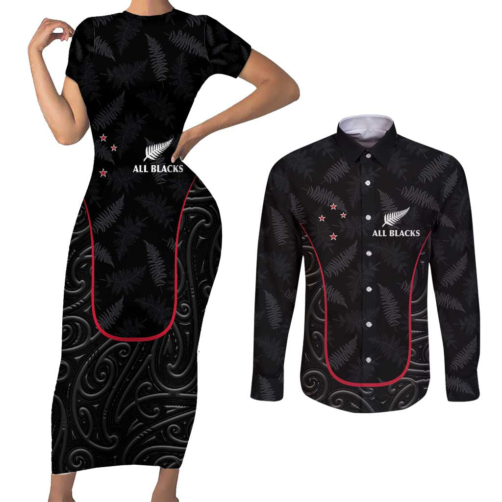 Custom New Zealand Rugby Couples Matching Short Sleeve Bodycon Dress and Long Sleeve Button Shirt Maori All Black Championship 2024 and Silver Fern