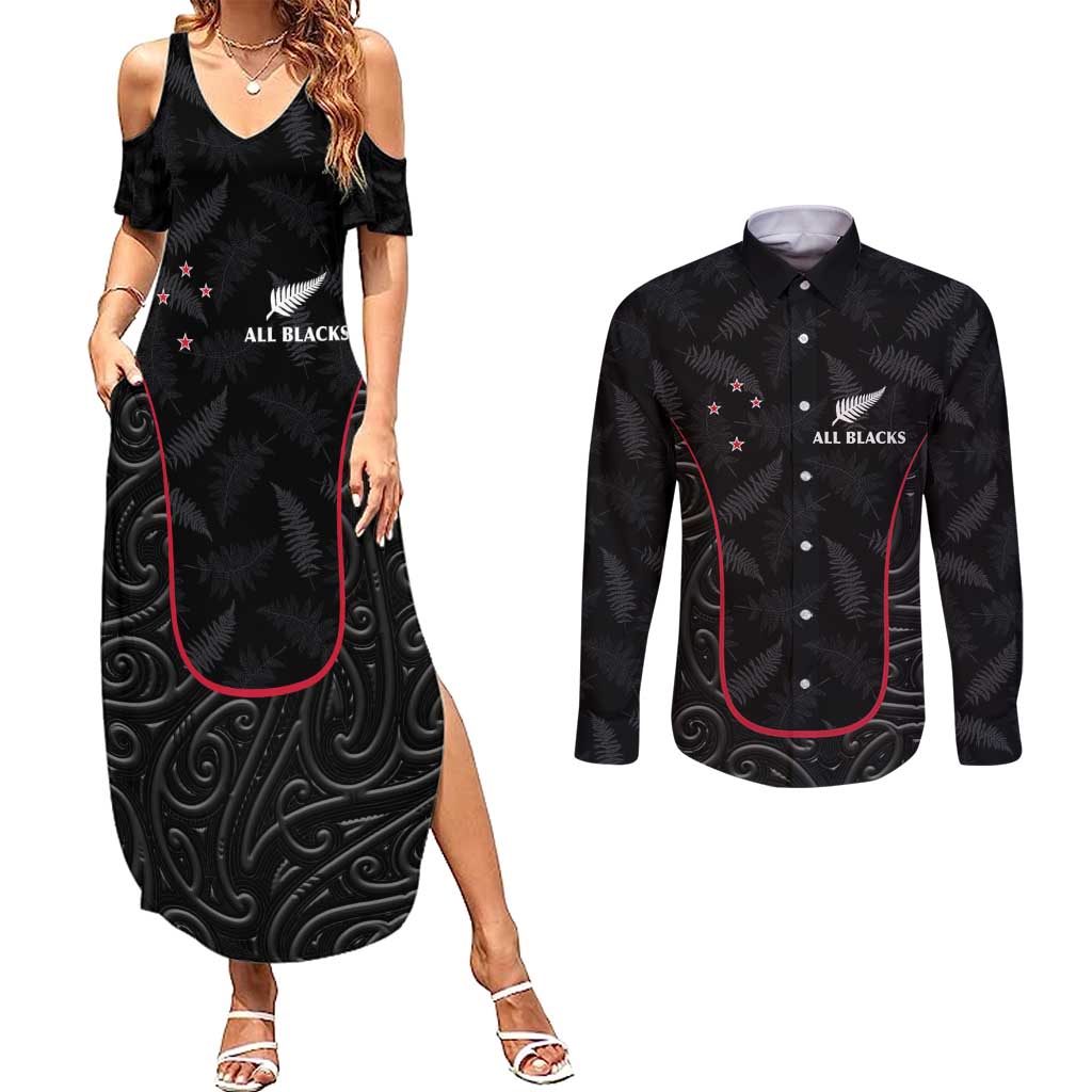 Custom New Zealand Rugby Couples Matching Summer Maxi Dress and Long Sleeve Button Shirt Maori All Black Championship 2024 and Silver Fern