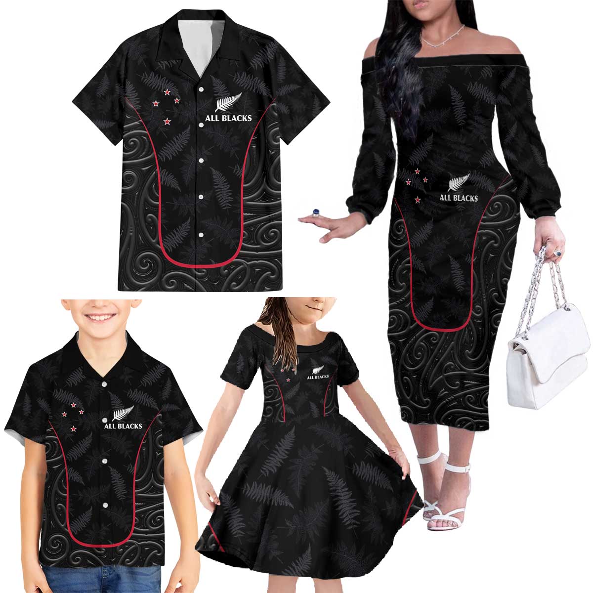 Custom New Zealand Rugby Family Matching Off The Shoulder Long Sleeve Dress and Hawaiian Shirt Maori All Black Championship 2024 and Silver Fern