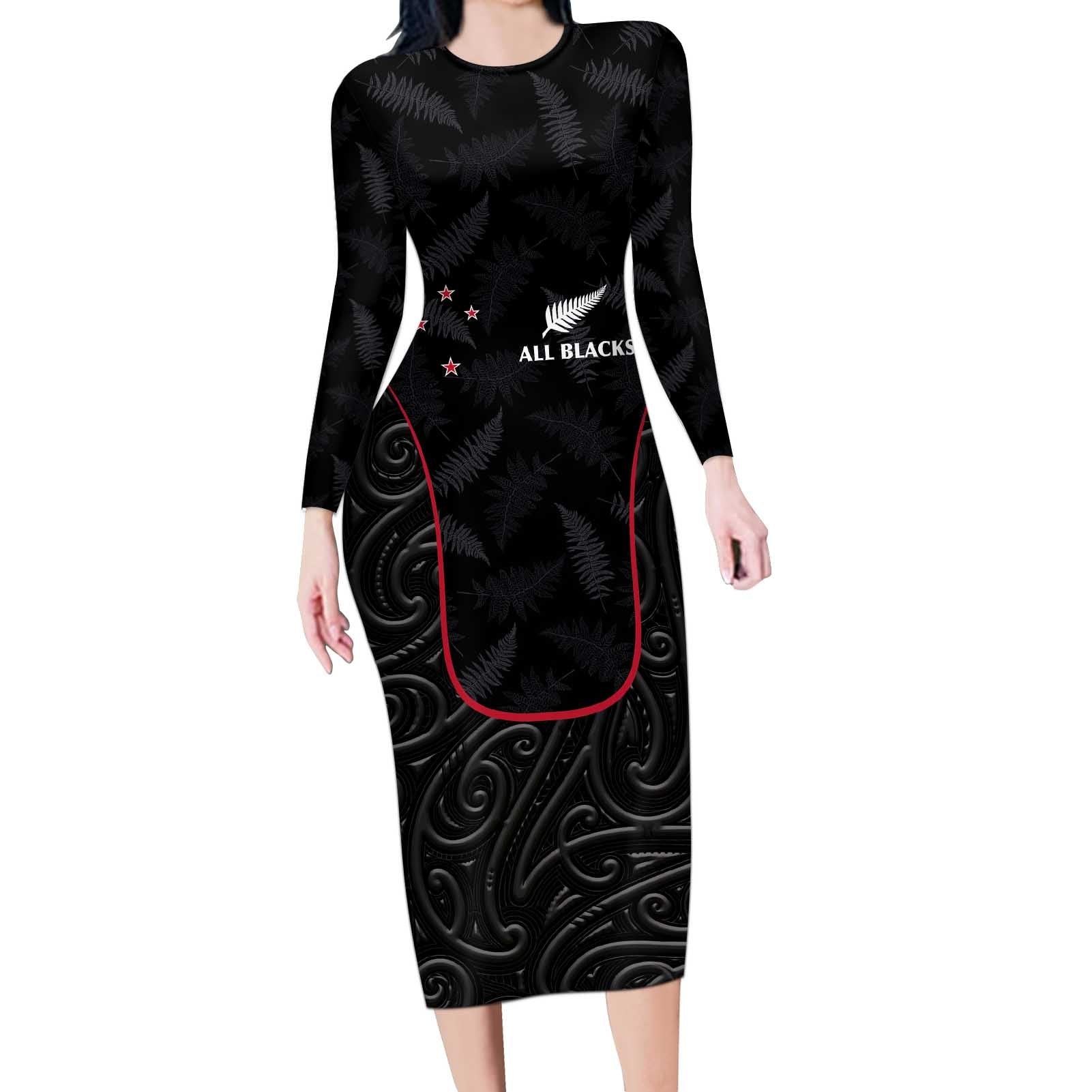 Custom New Zealand Rugby Long Sleeve Bodycon Dress Maori All Black Championship 2024 and Silver Fern