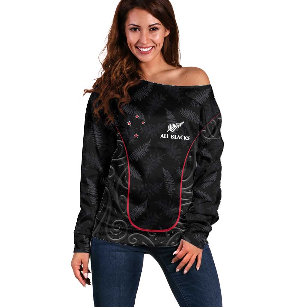 Custom New Zealand Rugby Off Shoulder Sweater Maori All Black Championship 2024 and Silver Fern LT03 Women Black - Polynesian Pride