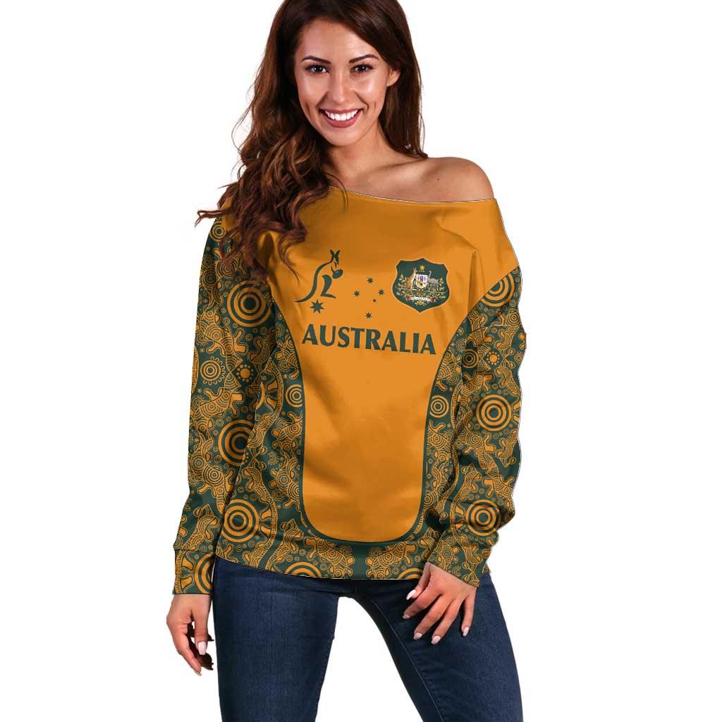 Custom Australia Rugby Championship 2024 Off Shoulder Sweater Aboriginal Art Tattoo Pattern LT03 Women Yellow - Polynesian Pride