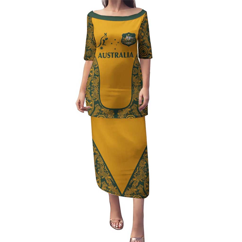 Custom Australia Rugby Championship 2024 Puletasi Aboriginal Art Tattoo Pattern LT03 Long Dress Yellow - Polynesian Pride
