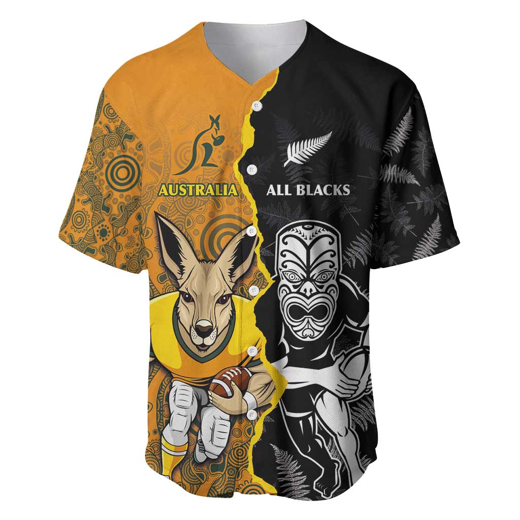Custom New Zealand and Australia Rugby Championship 2024 Baseball Jersey Maori Warrior and Kangaroo Mascot with Fern Aboriginal LT03 Black - Polynesian Pride