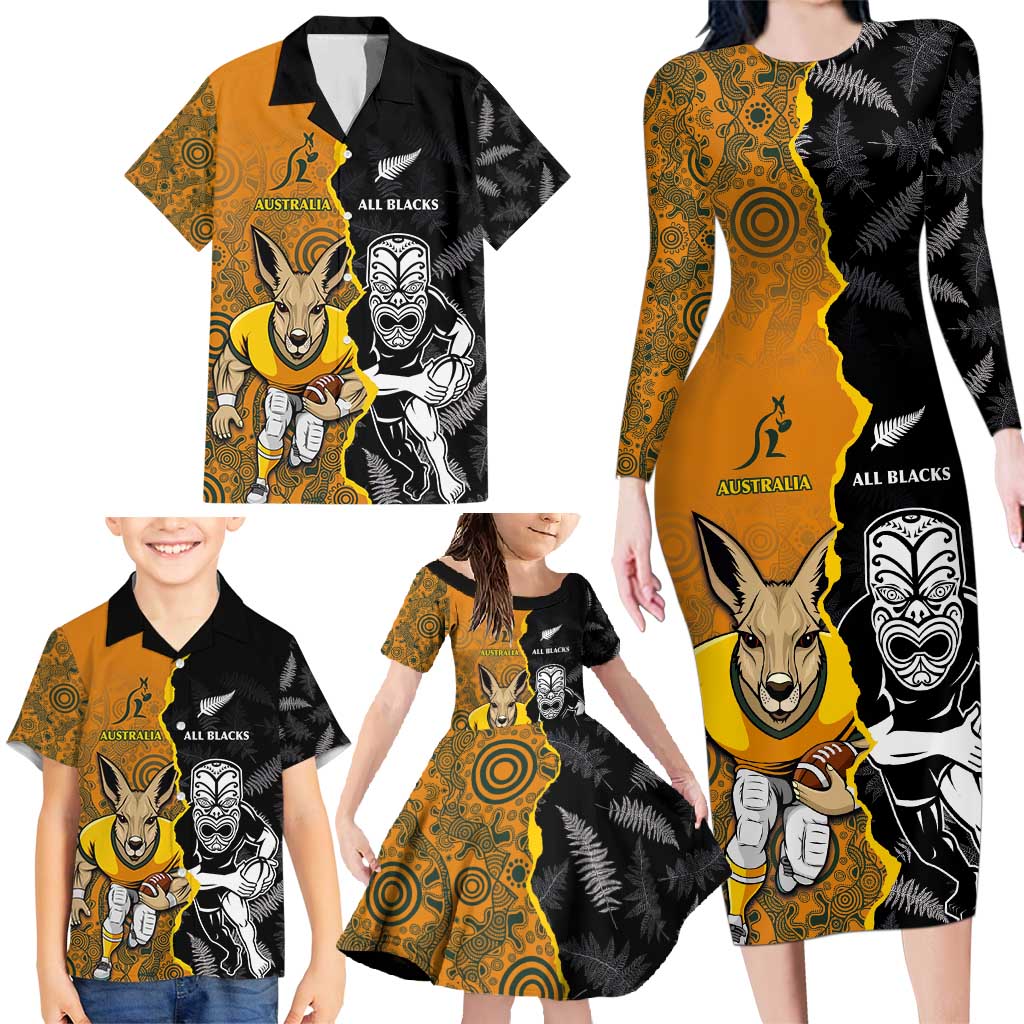 Custom New Zealand and Australia Rugby Championship 2024 Family Matching Long Sleeve Bodycon Dress and Hawaiian Shirt Maori Warrior and Kangaroo Mascot with Fern Aboriginal