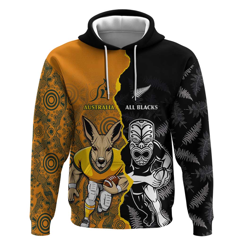 Custom New Zealand and Australia Rugby Championship 2024 Hoodie Maori Warrior and Kangaroo Mascot with Fern Aboriginal LT03 Pullover Hoodie Black - Polynesian Pride