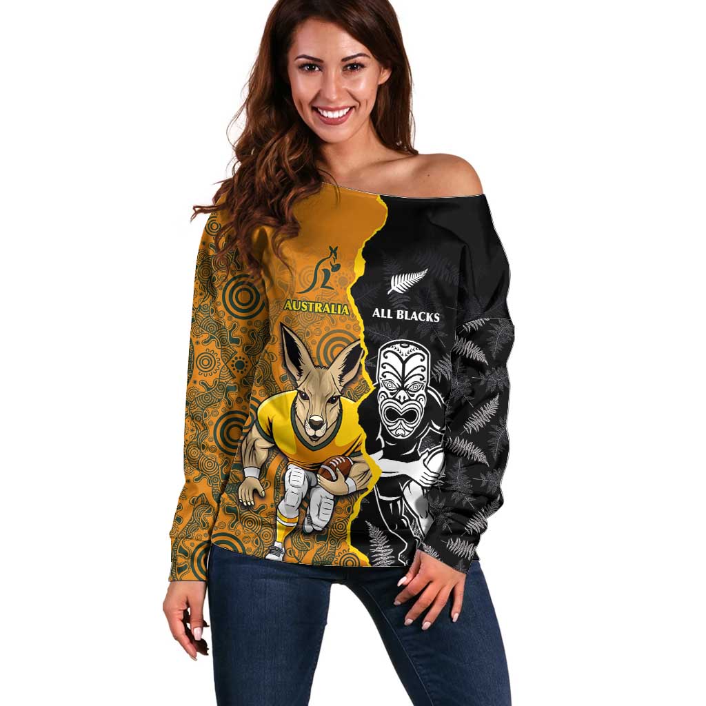 Custom New Zealand and Australia Rugby Championship 2024 Off Shoulder Sweater Maori Warrior and Kangaroo Mascot with Fern Aboriginal LT03 Women Black - Polynesian Pride