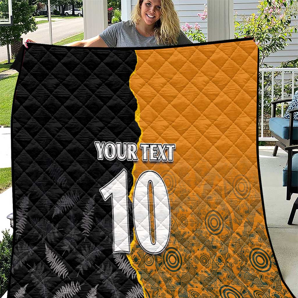 Custom New Zealand and Australia Rugby Championship 2024 Quilt Maori Warrior and Kangaroo Mascot with Fern Aboriginal LT03 Black - Polynesian Pride