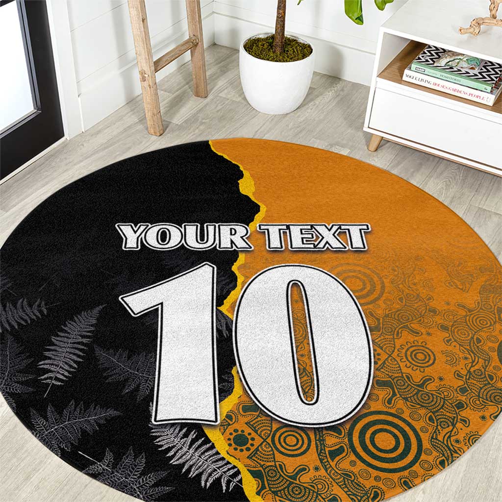 Custom New Zealand and Australia Rugby Championship 2024 Round Carpet Maori Warrior and Kangaroo Mascot with Fern Aboriginal LT03 Black - Polynesian Pride
