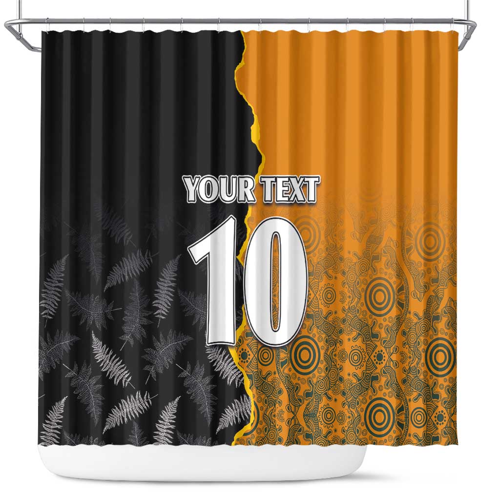 Custom New Zealand and Australia Rugby Championship 2024 Shower Curtain Maori Warrior and Kangaroo Mascot with Fern Aboriginal LT03 Black - Polynesian Pride