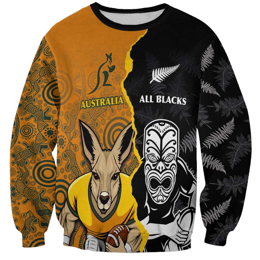 Custom New Zealand and Australia Rugby Championship 2024 Sweatshirt Maori Warrior and Kangaroo Mascot with Fern Aboriginal LT03 Unisex Black - Polynesian Pride