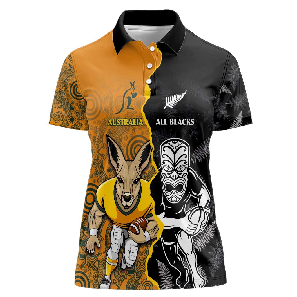 Custom New Zealand and Australia Rugby Championship 2024 Women Polo Shirt Maori Warrior and Kangaroo Mascot with Fern Aboriginal