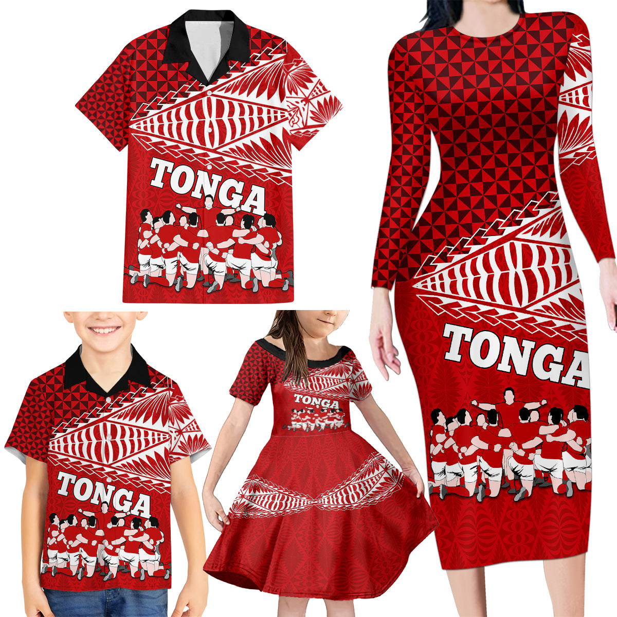 Tonga Rugby Family Matching Long Sleeve Bodycon Dress and Hawaiian Shirt Sipi Tau Dance Ngatu Pattern LT03 - Polynesian Pride