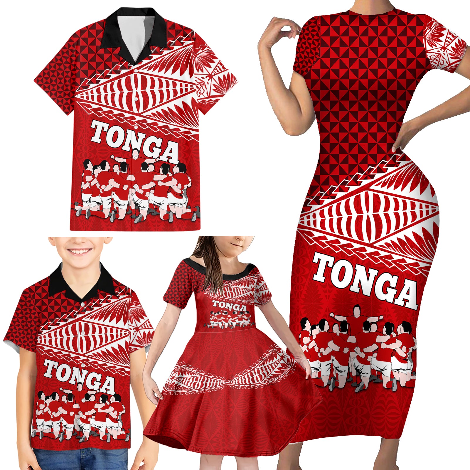 Tonga Rugby Family Matching Short Sleeve Bodycon Dress and Hawaiian Shirt Sipi Tau Dance Ngatu Pattern LT03 - Polynesian Pride