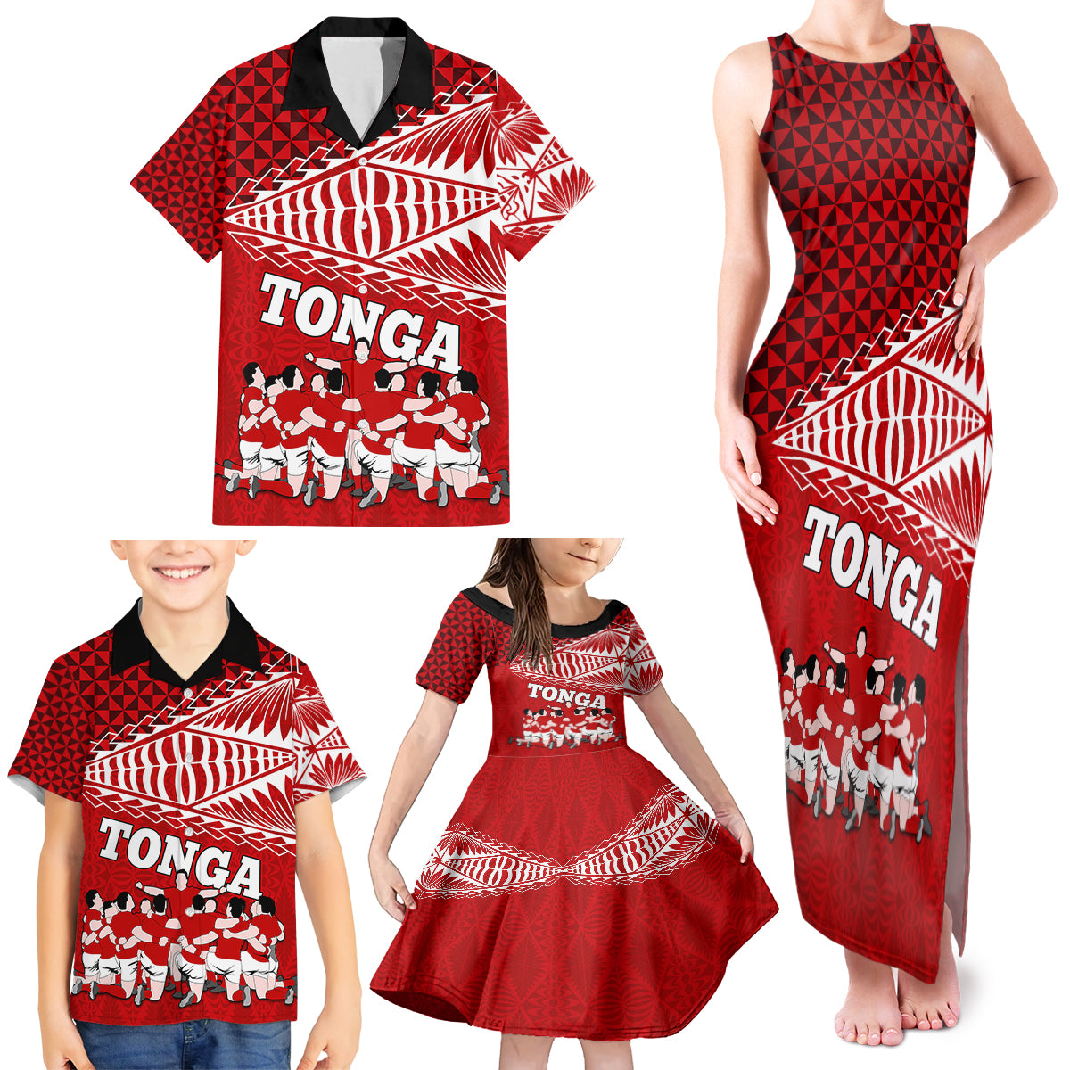 Tonga Rugby Family Matching Tank Maxi Dress and Hawaiian Shirt Sipi Tau Dance Ngatu Pattern LT03 - Polynesian Pride