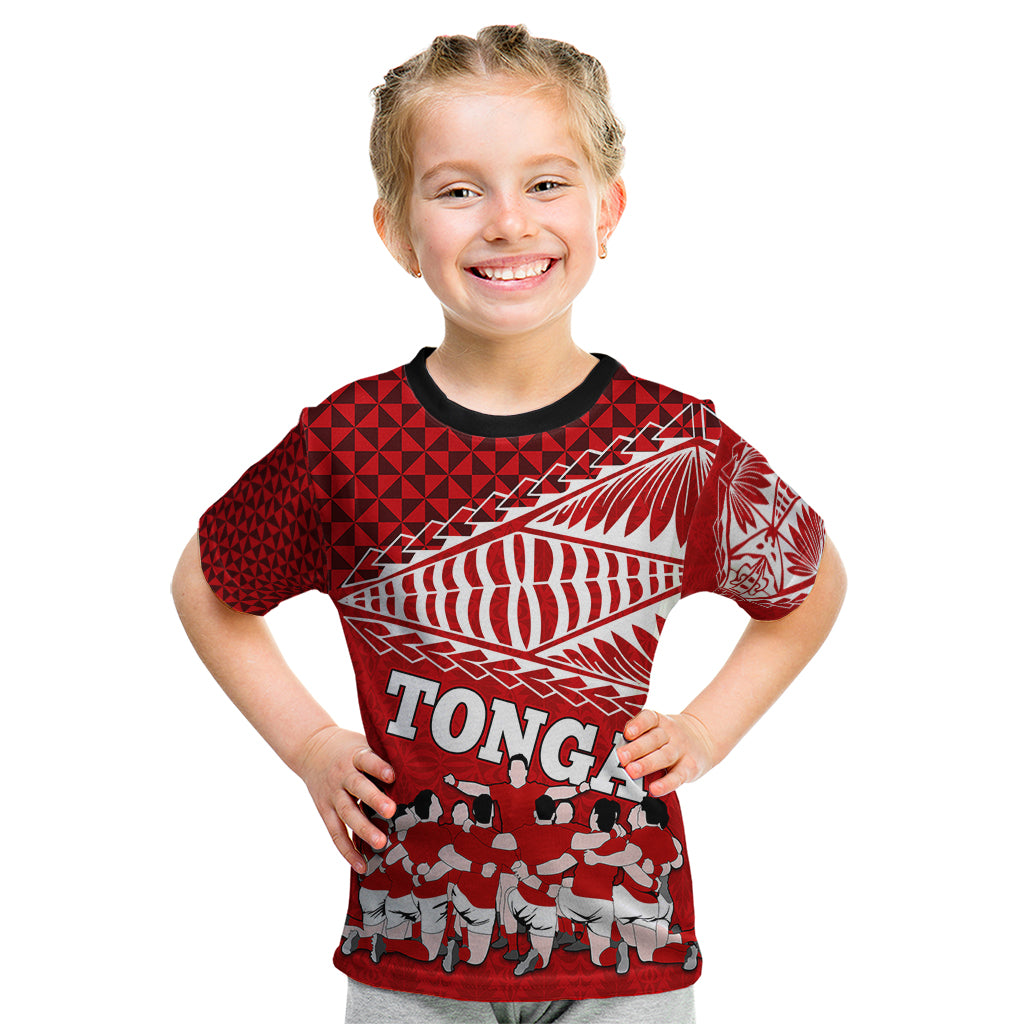 Tonga Rugby Kid T Shirt Sipi Tau Dance Ngatu Pattern LT03 Red - Polynesian Pride