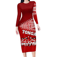 Tonga Rugby Long Sleeve Bodycon Dress Sipi Tau Dance Ngatu Pattern LT03 Long Dress Red - Polynesian Pride