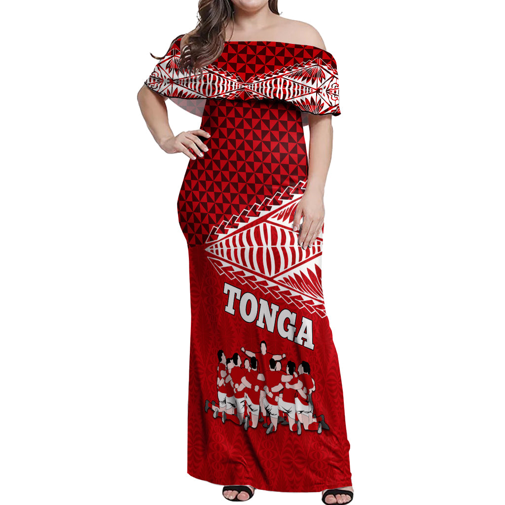 Tonga Rugby Off Shoulder Maxi Dress Sipi Tau Dance Ngatu Pattern LT03 Women Red - Polynesian Pride