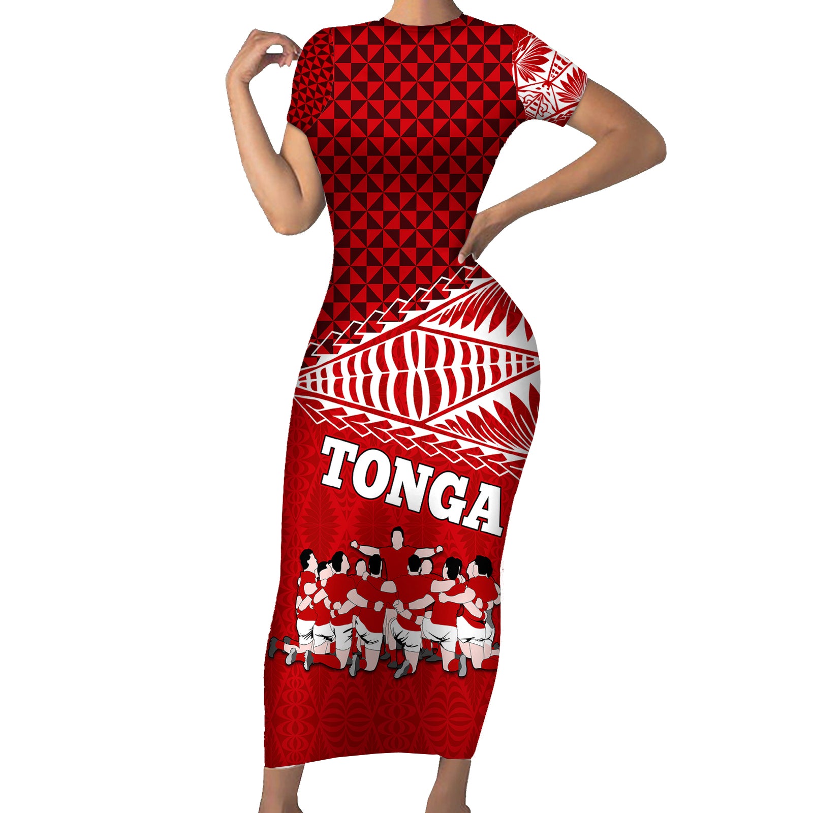 Tonga Rugby Short Sleeve Bodycon Dress Sipi Tau Dance Ngatu Pattern LT03 Long Dress Red - Polynesian Pride