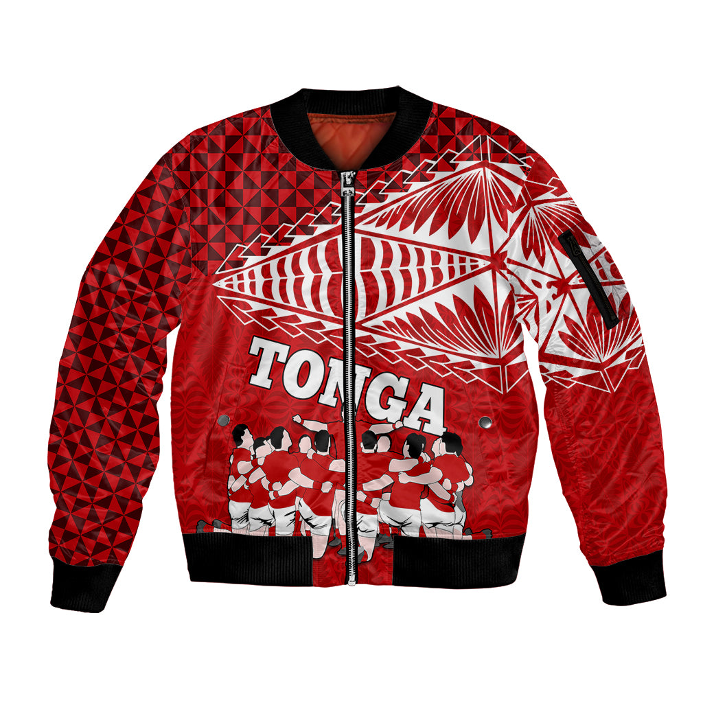 Tonga Rugby Sleeve Zip Bomber Jacket Sipi Tau Dance Ngatu Pattern LT03 Unisex Red - Polynesian Pride