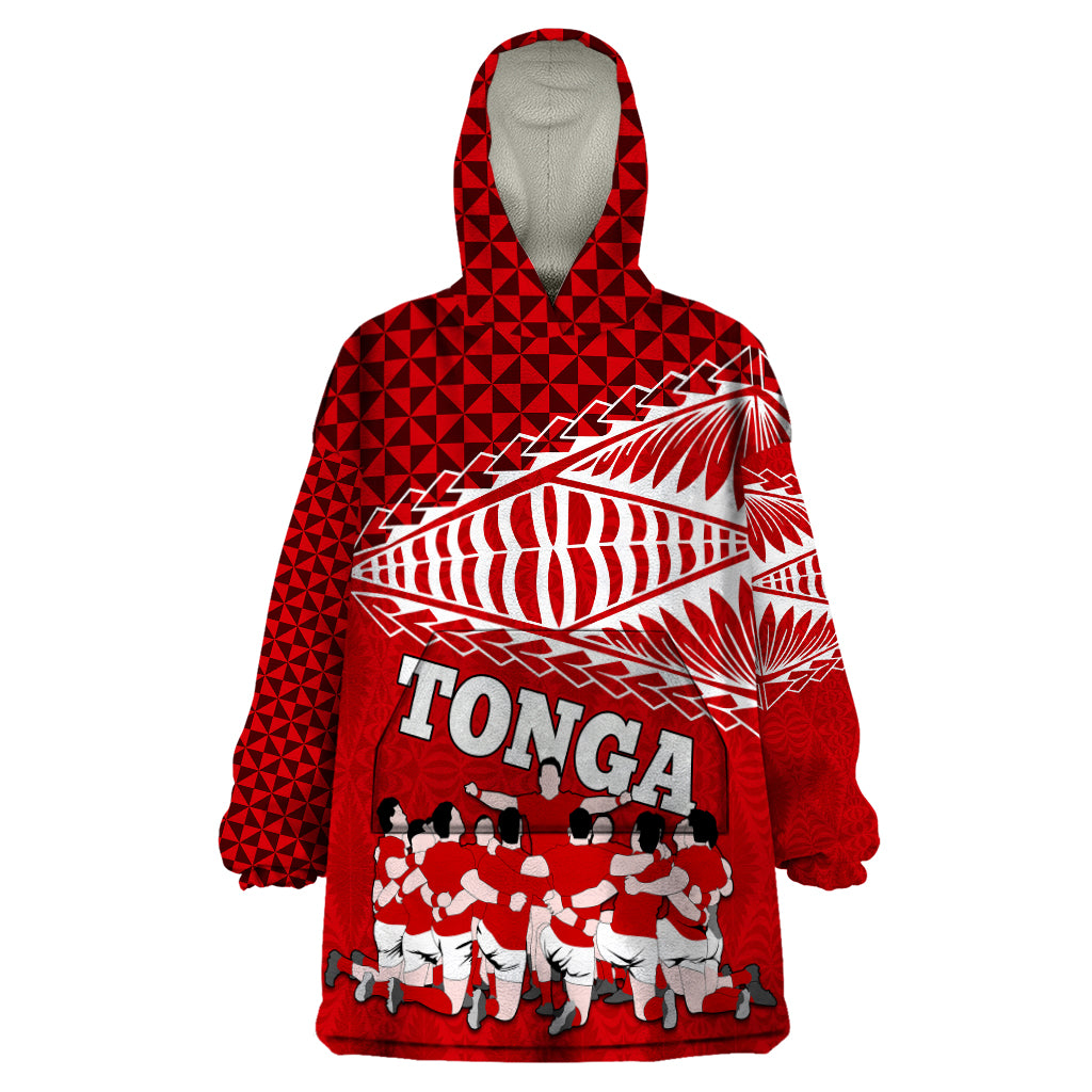 Tonga Rugby Wearable Blanket Hoodie Sipi Tau Dance Ngatu Pattern LT03 One Size Red - Polynesian Pride
