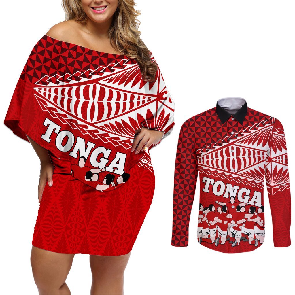 Personalised Tonga Rugby Couples Matching Off Shoulder Short Dress and Long Sleeve Button Shirts Sipi Tau Dance Ngatu Pattern LT03 Red - Polynesian Pride
