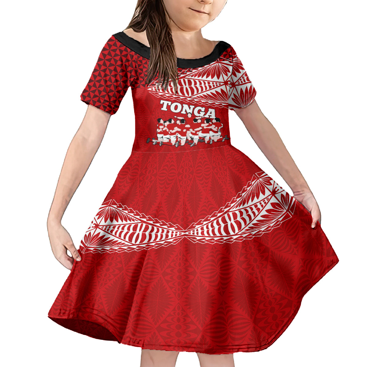 Personalised Tonga Rugby Kid Short Sleeve Dress Sipi Tau Dance Ngatu Pattern LT03 KID Red - Polynesian Pride