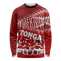 Personalised Tonga Rugby Long Sleeve Shirt Sipi Tau Dance Ngatu Pattern LT03 Unisex Red - Polynesian Pride