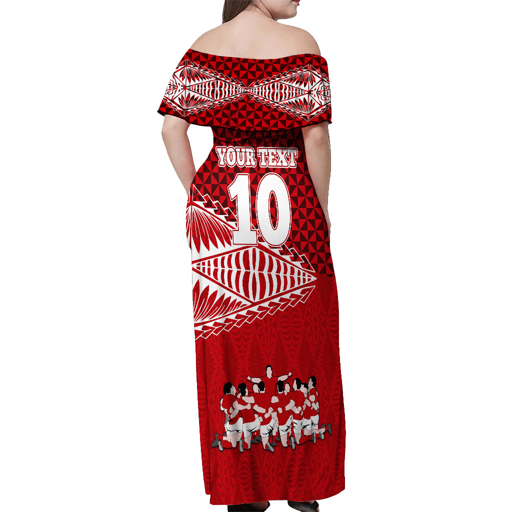 Personalised Tonga Rugby Off Shoulder Maxi Dress Sipi Tau Dance Ngatu Pattern LT03 - Polynesian Pride