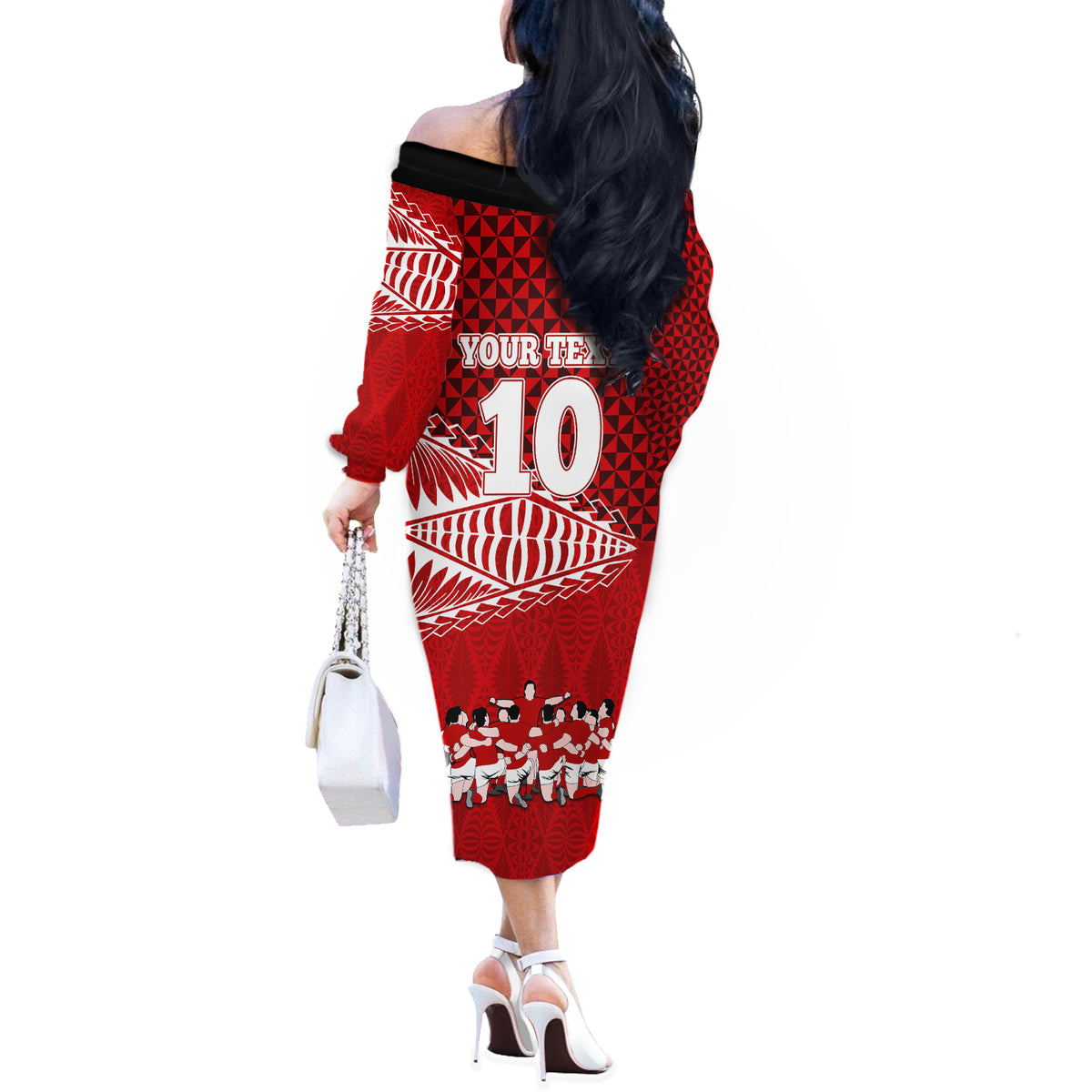 Personalised Tonga Rugby Off The Shoulder Long Sleeve Dress Sipi Tau Dance Ngatu Pattern LT03 - Polynesian Pride