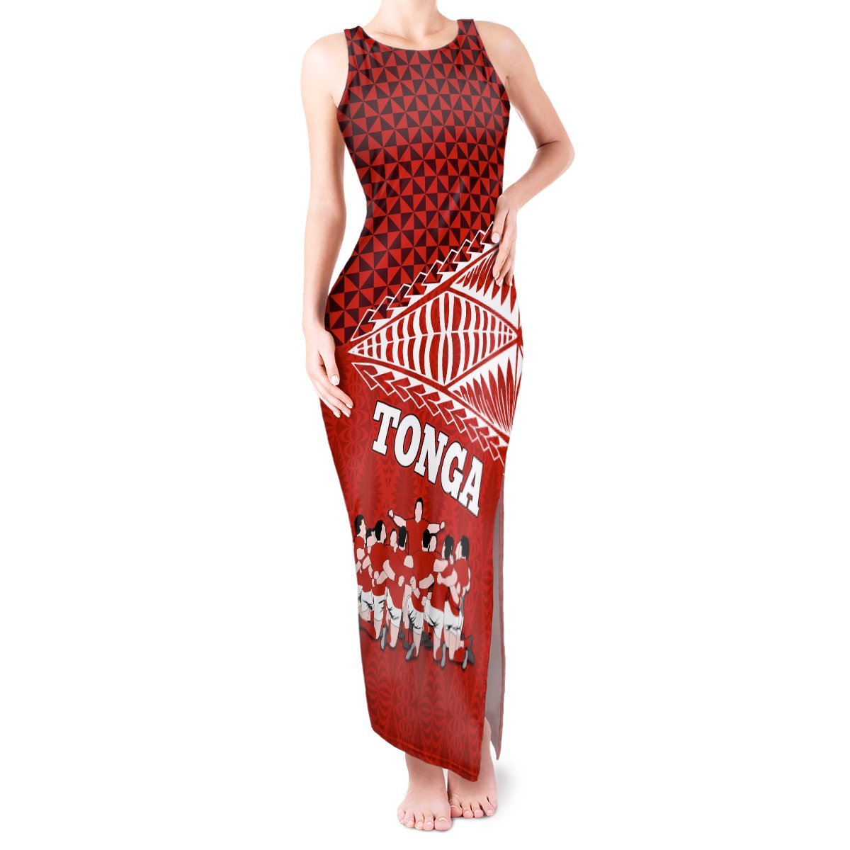 Personalised Tonga Rugby Tank Maxi Dress Sipi Tau Dance Ngatu Pattern LT03 Women Red - Polynesian Pride