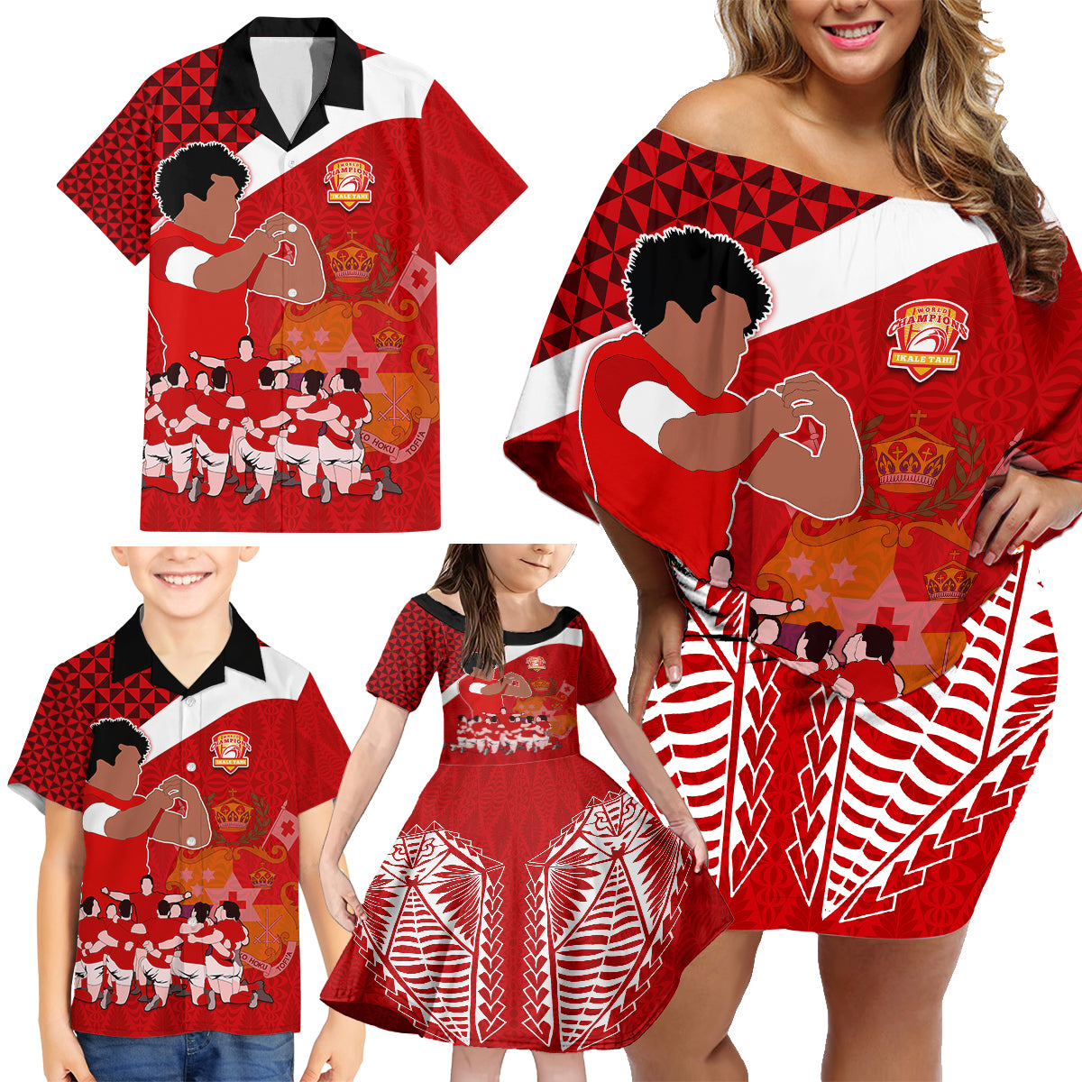 Tonga Rugby Family Matching Off Shoulder Short Dress and Hawaiian Shirt Sipi Tau Dance Coat of Arms Ngatu Pattern LT03 - Polynesian Pride