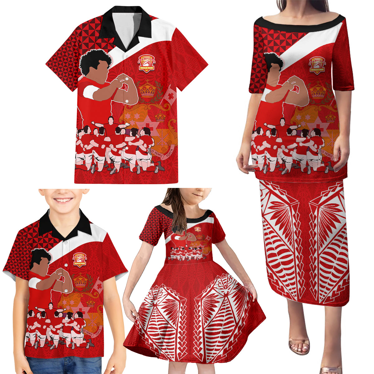 Tonga Rugby Family Matching Puletasi Dress and Hawaiian Shirt Sipi Tau Dance Coat of Arms Ngatu Pattern LT03 - Polynesian Pride