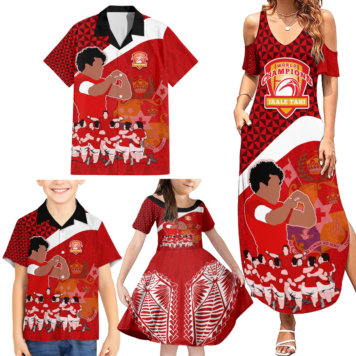 Tonga Rugby Family Matching Summer Maxi Dress and Hawaiian Shirt Sipi Tau Dance Coat of Arms Ngatu Pattern LT03 - Polynesian Pride