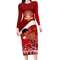 Tonga Rugby Long Sleeve Bodycon Dress Sipi Tau Dance Coat of Arms Ngatu Pattern LT03 Long Dress Red - Polynesian Pride